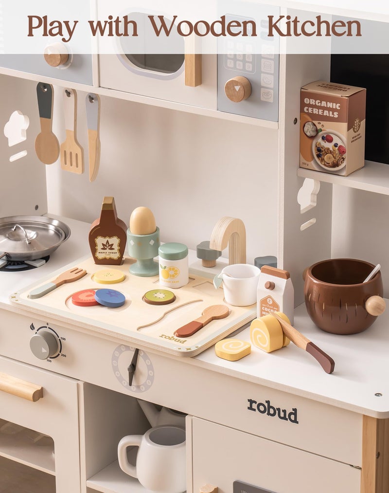 ROBUD 31-Piece Wooden Play Food Set for Kids - Coconut Oats Montessori Kitchen Toys, Educational Pretend Play Dishes with Accessories for Toddlers - Image 4